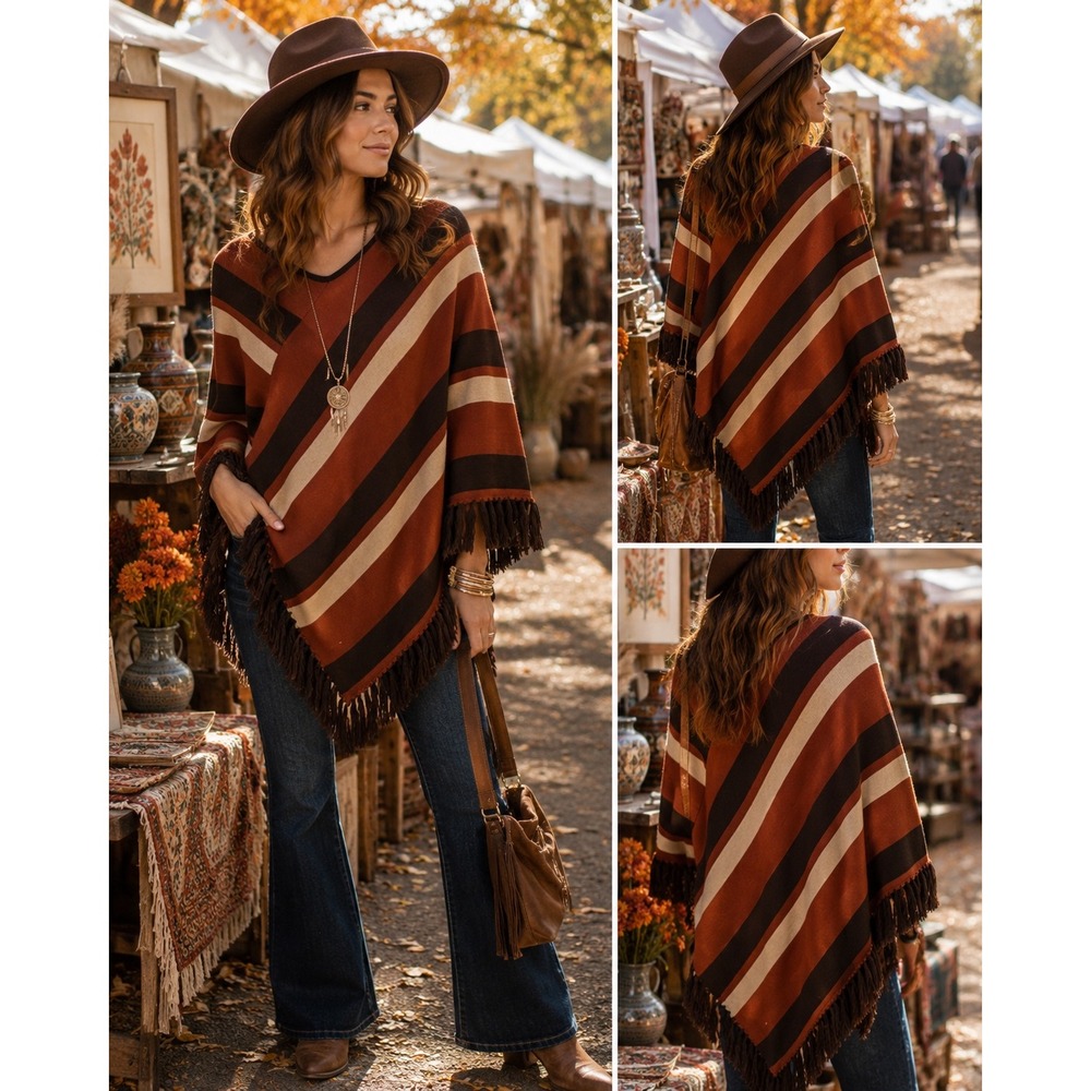 Nina Leonard M Striped Fringe Poncho Rust Brown Cream Boho Western Fall